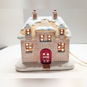 Ceramic Holiday House with Lights - Pink and White